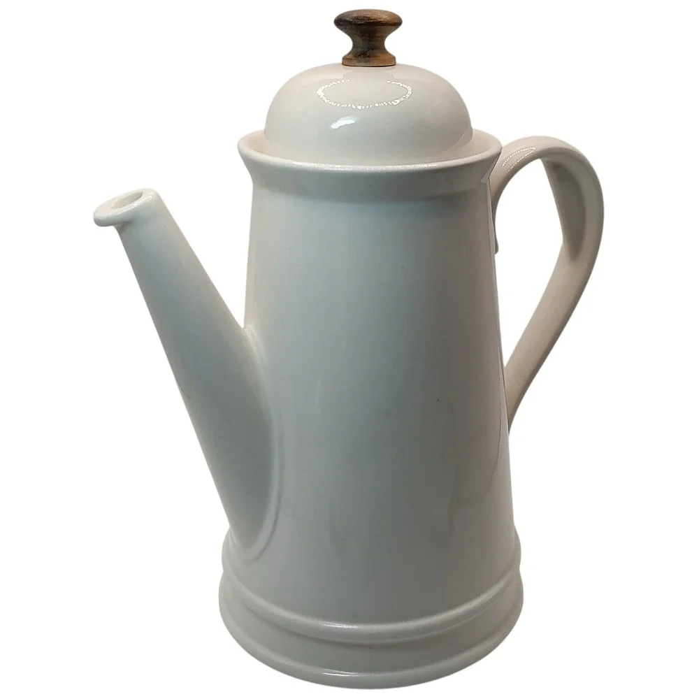 Vintage Stoneware Coffee Pot with Lid White Wooden Knob on Lid Ten Inch Six Cups